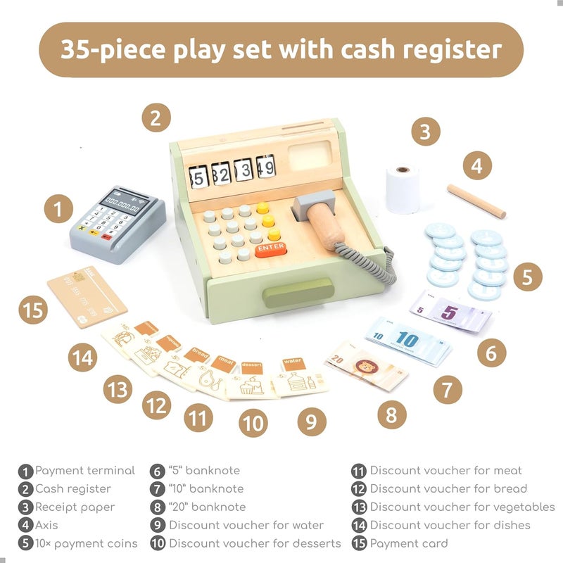 umu ® Wooden Cash Register for Kids - Includes Accessories (Scanner, Payment Terminal, Play Money, etc.), Role Play Shop & Accessories for Children Ages 3 4 5 6 - Image 5